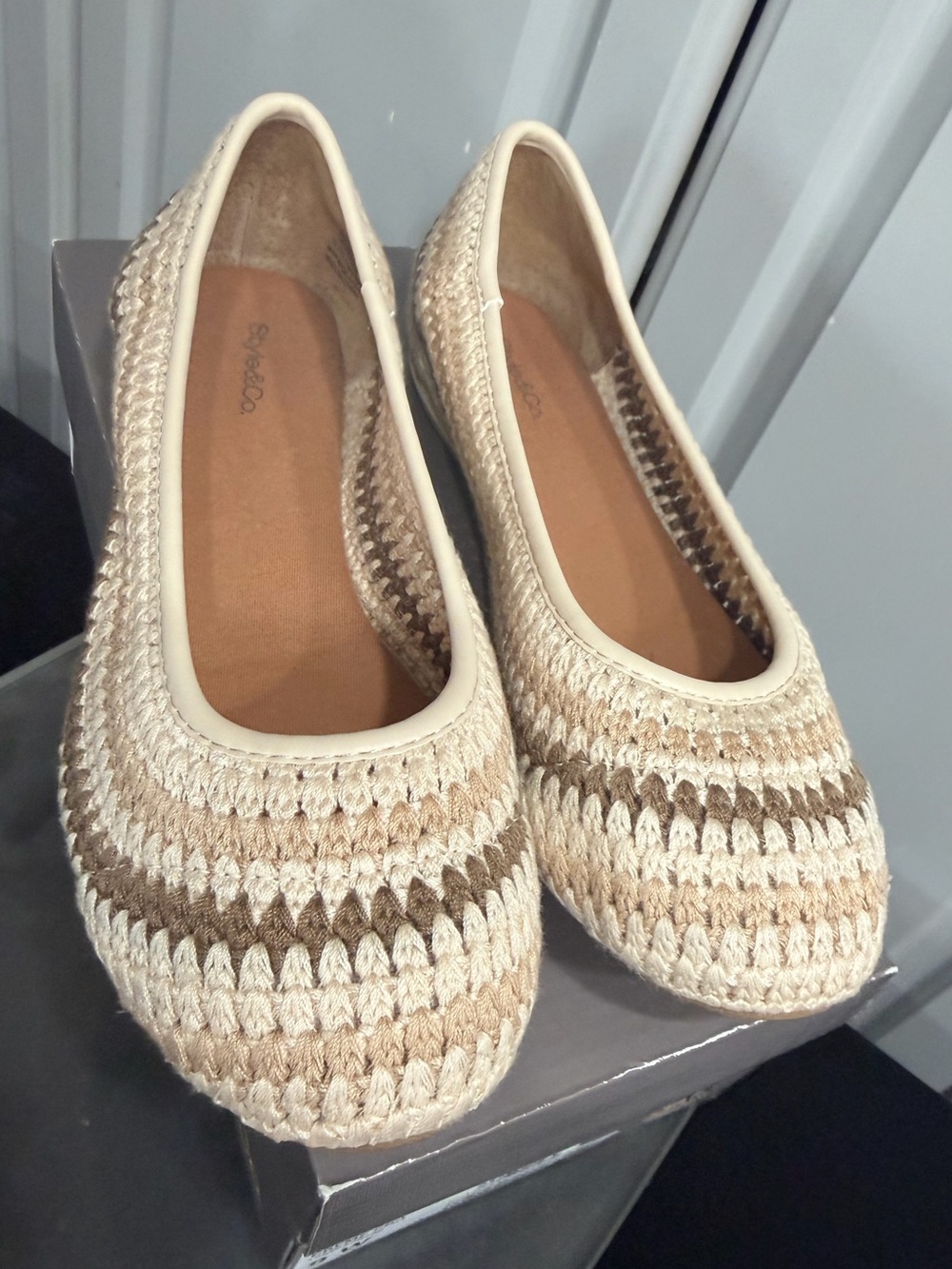 Style & Co. Cream and Brown Crochet Knit Ballet Flats